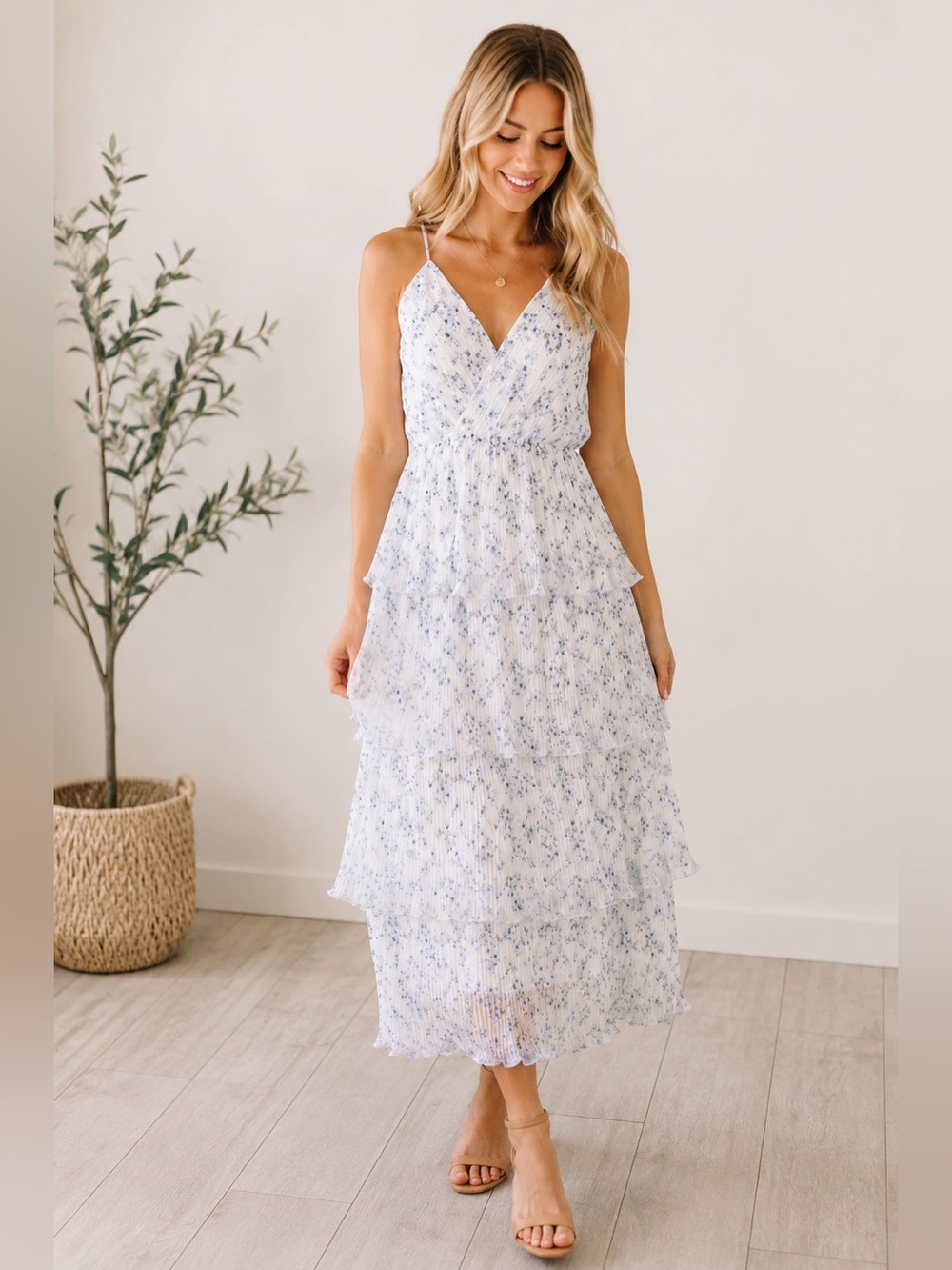 LULUS Petal Party White Blue Floral Pleated Tiered Midi Dress XL Cottagecore